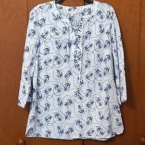 Talbots 100% cotton white with navy blue anchors blouse nautical theme Sz M